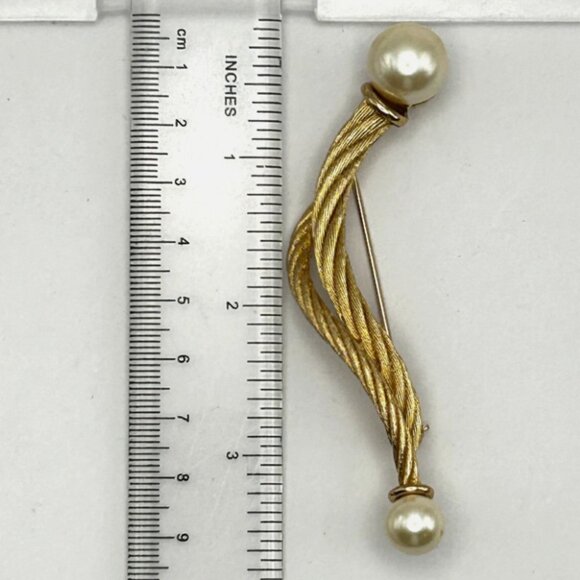 CHRISTIAN DIOR Twisted Rope Faux Pearl Brooch 3.5” Bar Pin 1960s Signed - Picture 3 of 10